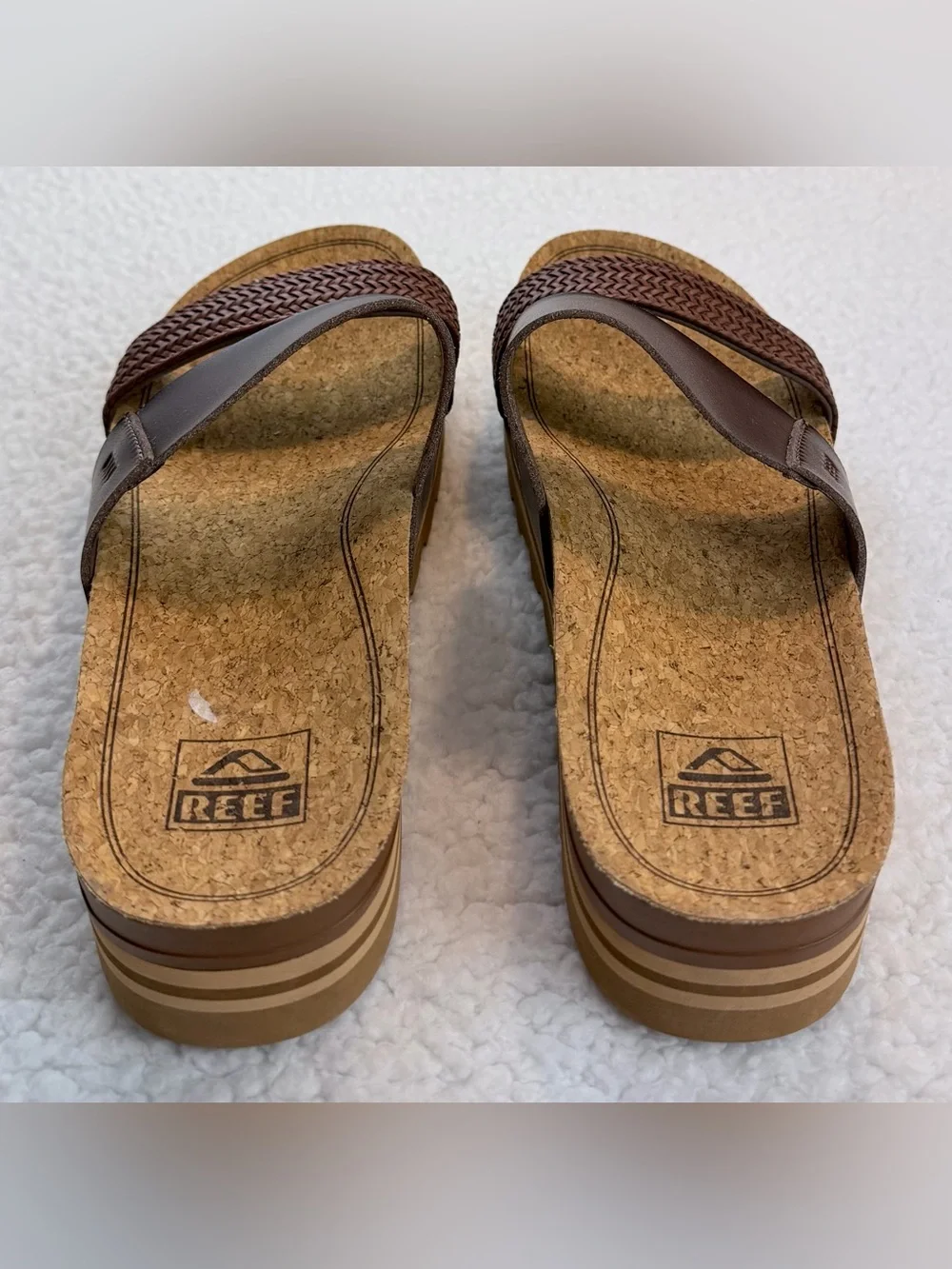 REEF • Brown Cushion Vista Hi Dual-Strap Braided Platform Slide Sandals, 10